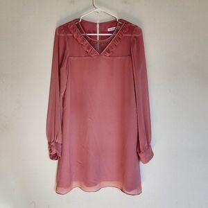 BCBGeneration Dusty Rose Lace/ Ruffle Neckline Long-Sleeve Shift Dress NWOT